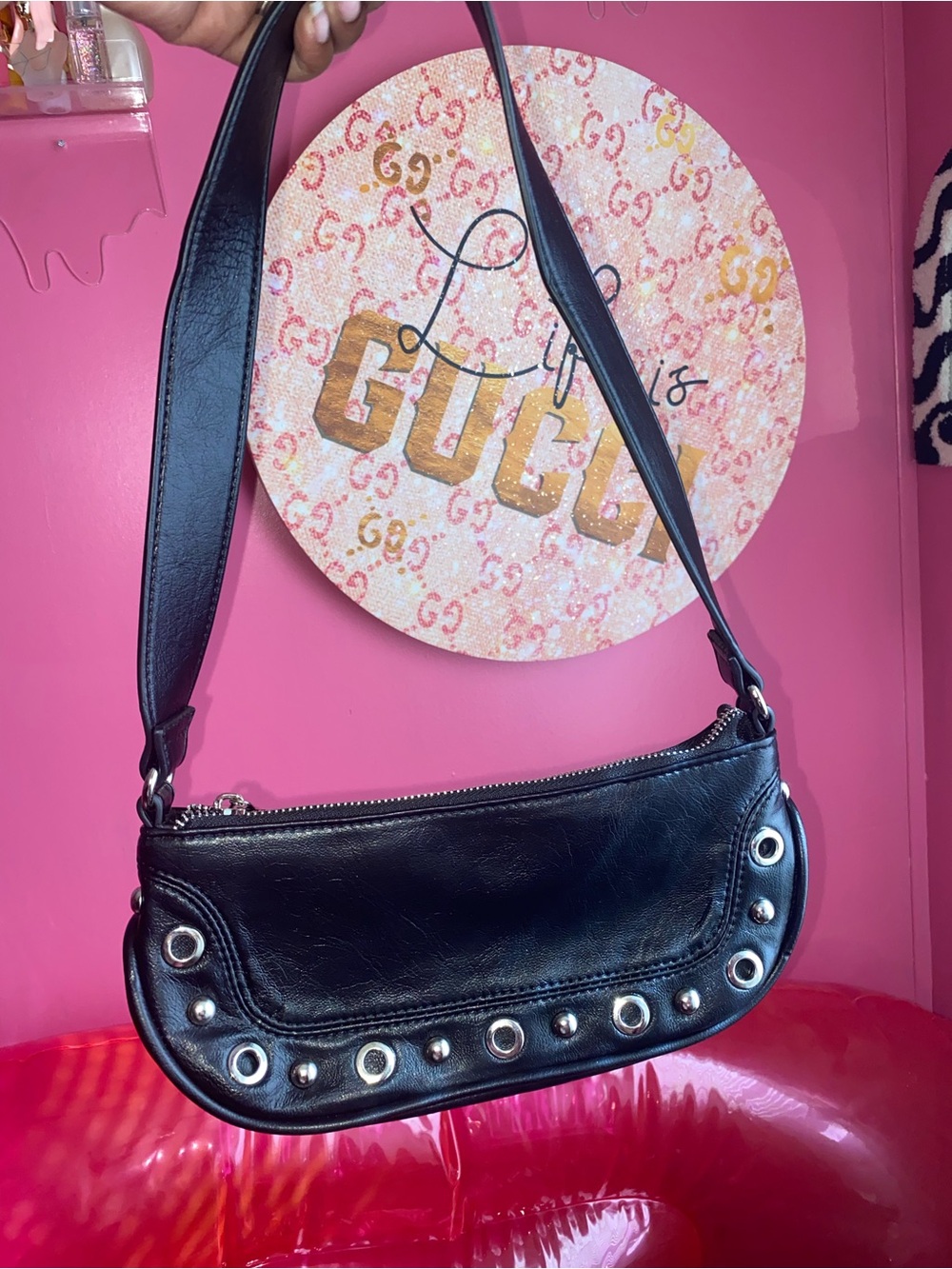 Fashion Nova Black Shoulder Bag with Silver Eyelet Accents